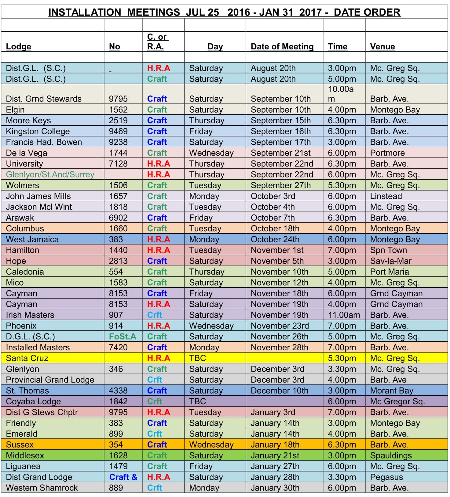 Grand Lodge Calendar